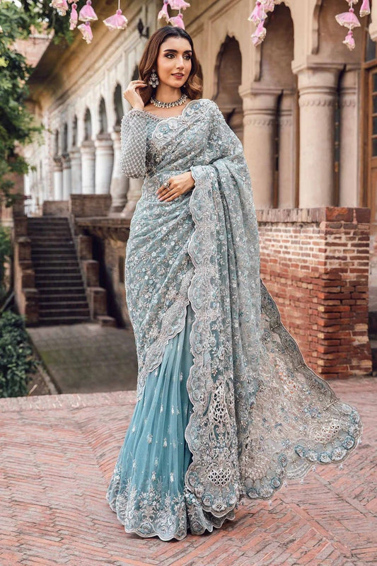 Velnora Luxury Net Embroidered Saree – With Stones, Pearls, Tassels & Silk Petticoat