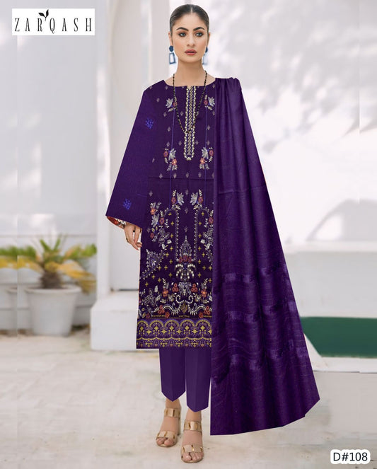 VELNORA Winter Premium Embroidered 3PC Banadora Dhanak Suit with Chamki Velvet Shawl