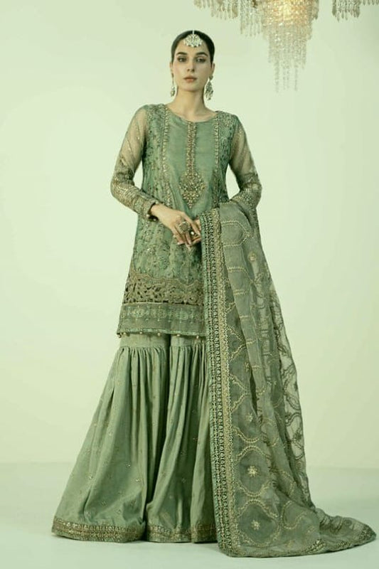 Velnora Organza Embroidered Hand embellished copper zari work gharara unstitched 3pc