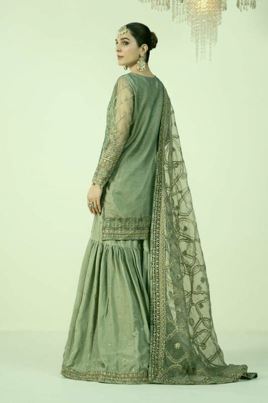 Velnora Organza Embroidered Hand embellished copper zari work gharara unstitched 3pc