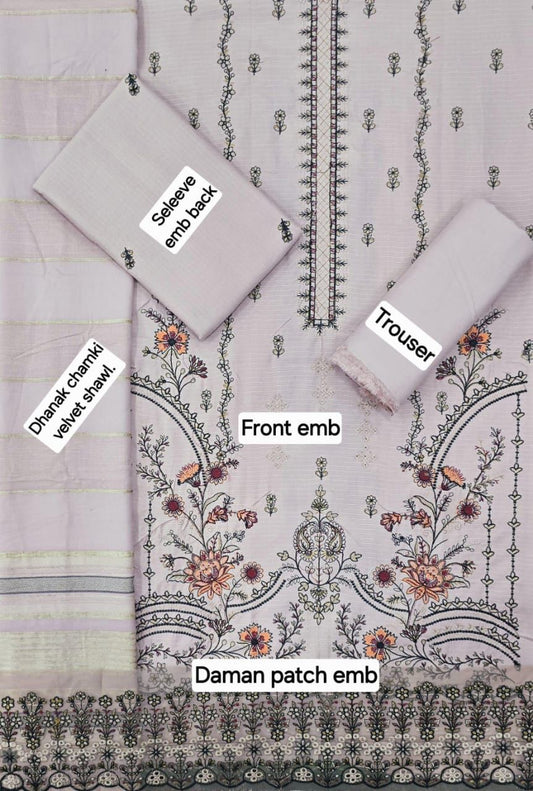 VELNORA Winter Premium 3PC Banadora Dhanak Embroidered Suit | Velvet Chamki Shawl | ZARQASH Inspired
