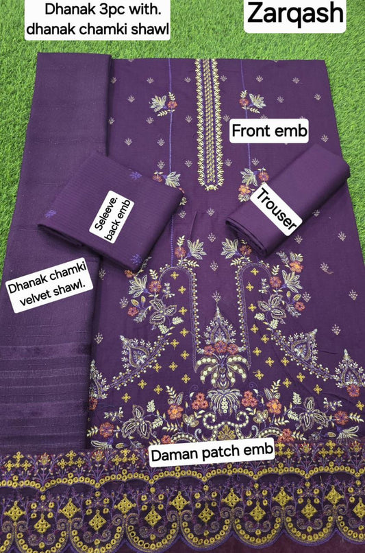 VELNORA Winter Premium Embroidered 3PC Banadora Dhanak Suit with Chamki Velvet Shawl