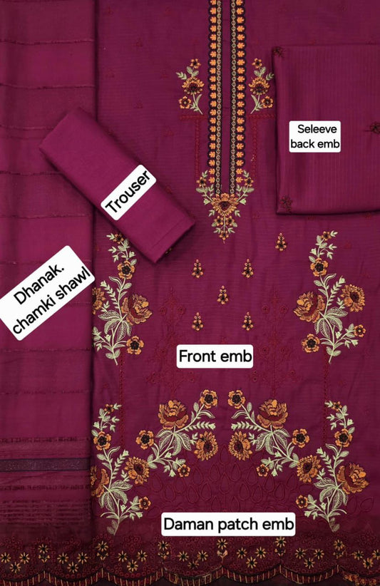 VELNORACLOTHING Premium Export Quality 3PC Dhanak Suit | Printed Shirt, Trouser & Digital Pashmina Shawl