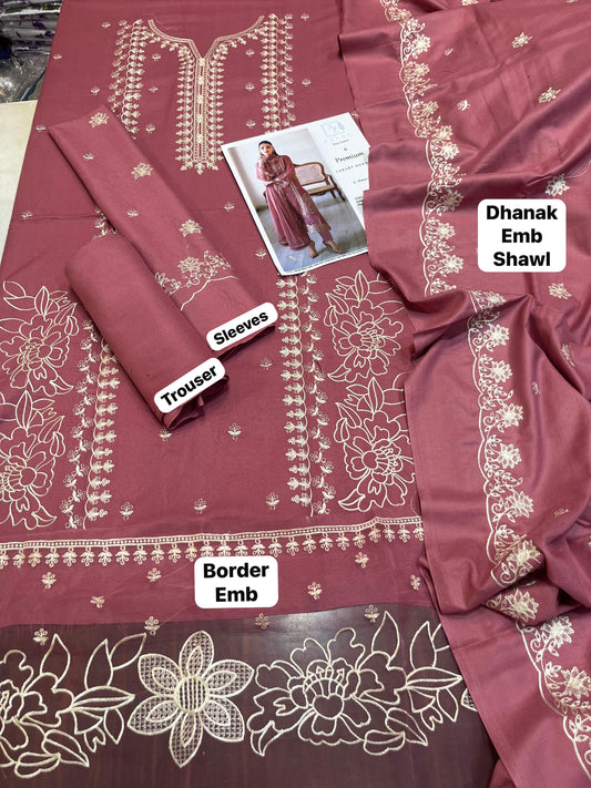 Winter 2025 Exclusive 3-Piece Dhank Embroidered Suit with Heavy Embroidered Shawl